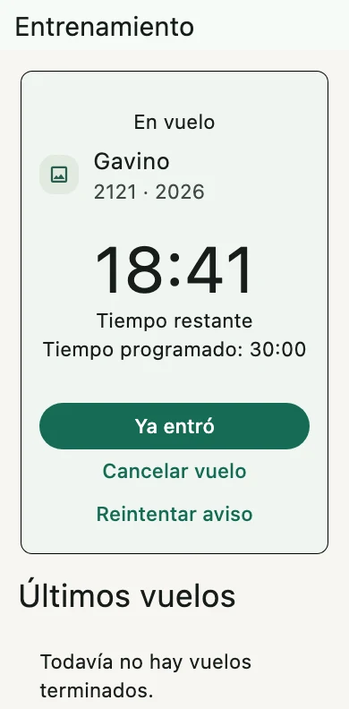 Pantalla de entrenamiento con la paloma Gavino en vuelo: 18:41 de tiempo restante sobre 30:00 programados y el botón «Ya entró».