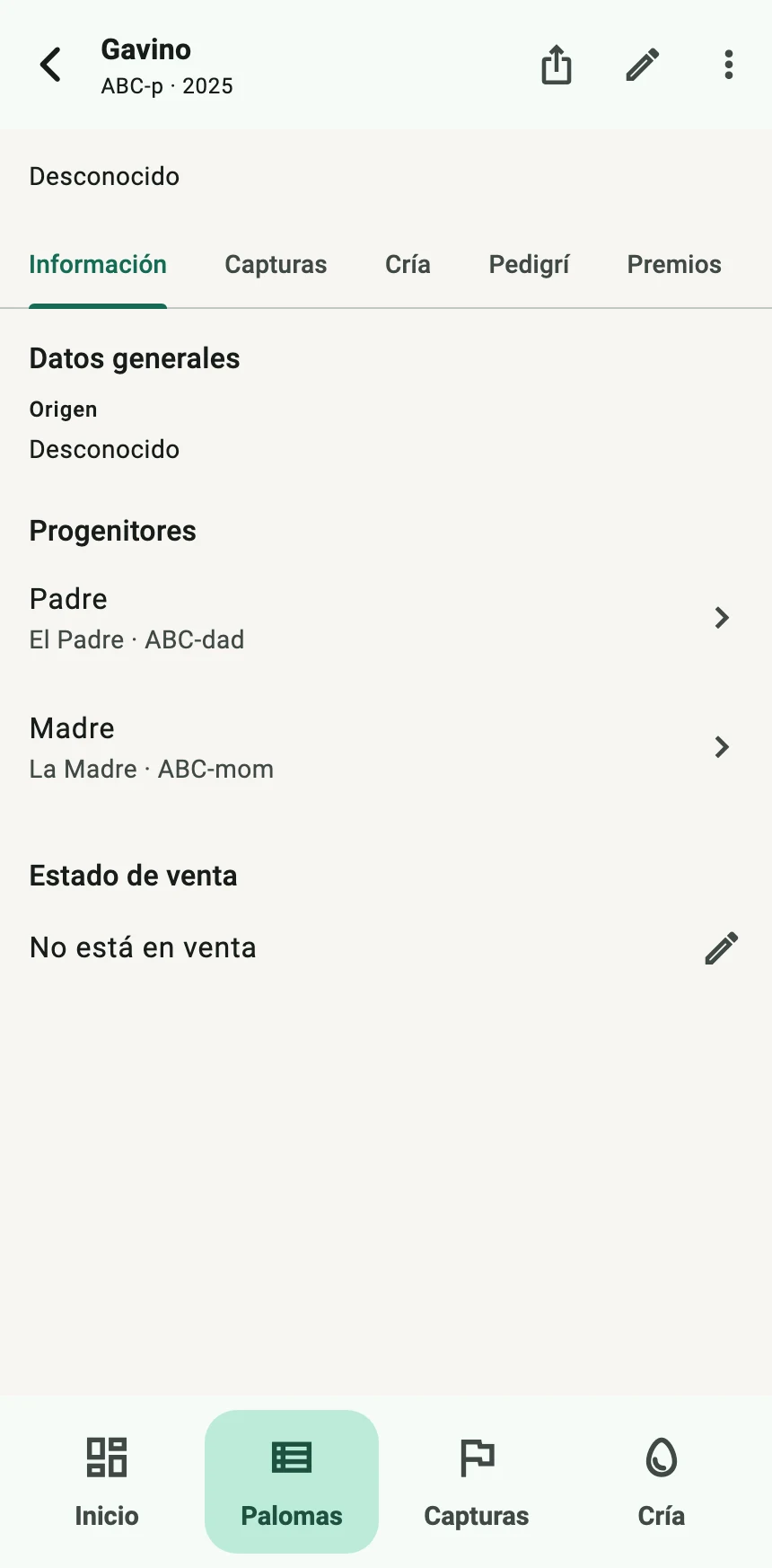 Ficha de la paloma Gavino en la app, con las pestañas Información, Capturas, Cría, Pedigrí y Premios, su padre, su madre y el estado de venta.