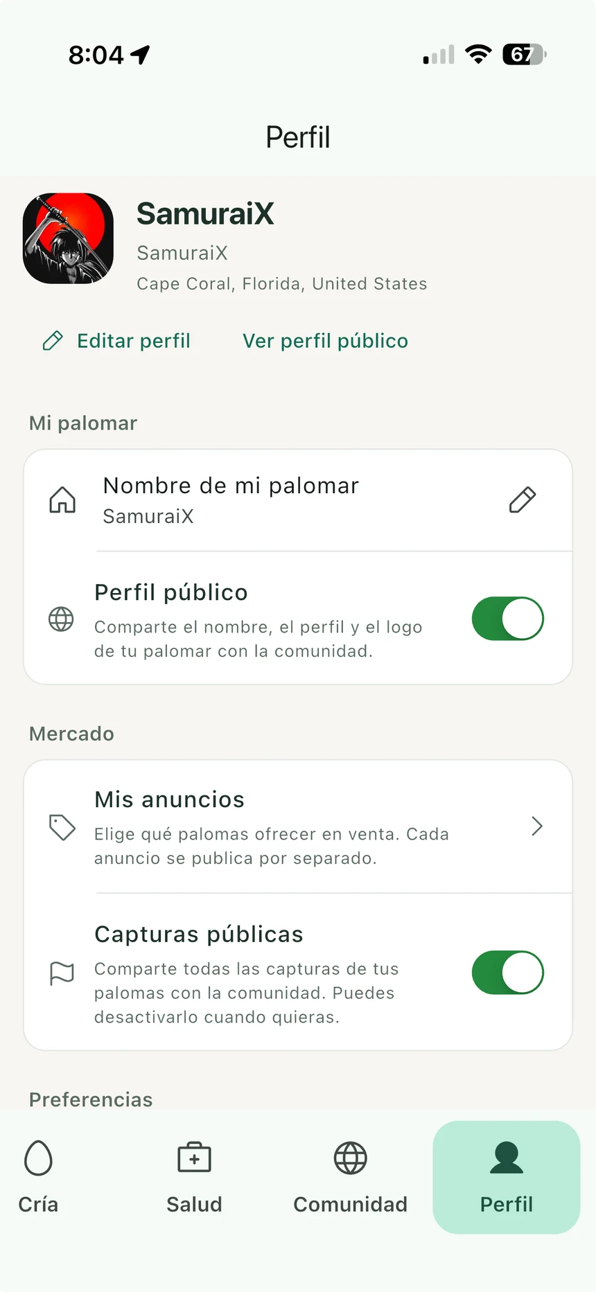 Pantalla Perfil en un iPhone del palomar SamuraiX en Cape Coral, Florida: Editar perfil y Ver perfil público, el nombre del palomar, el interruptor de Perfil público activado, Mis anuncios y el interruptor de Capturas públicas activado.