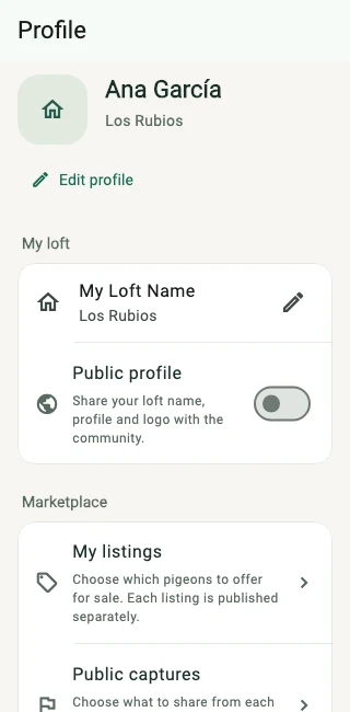 The app’s Profile screen with the loft name, the public profile switch, listings and public captures.