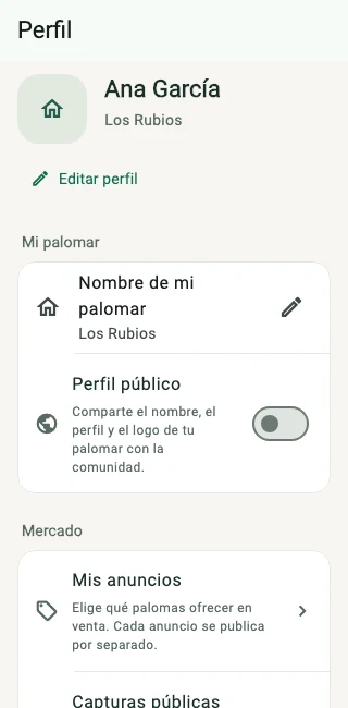 Pantalla Perfil de la app con el nombre del palomar, el interruptor de perfil público, los anuncios y las capturas públicas.